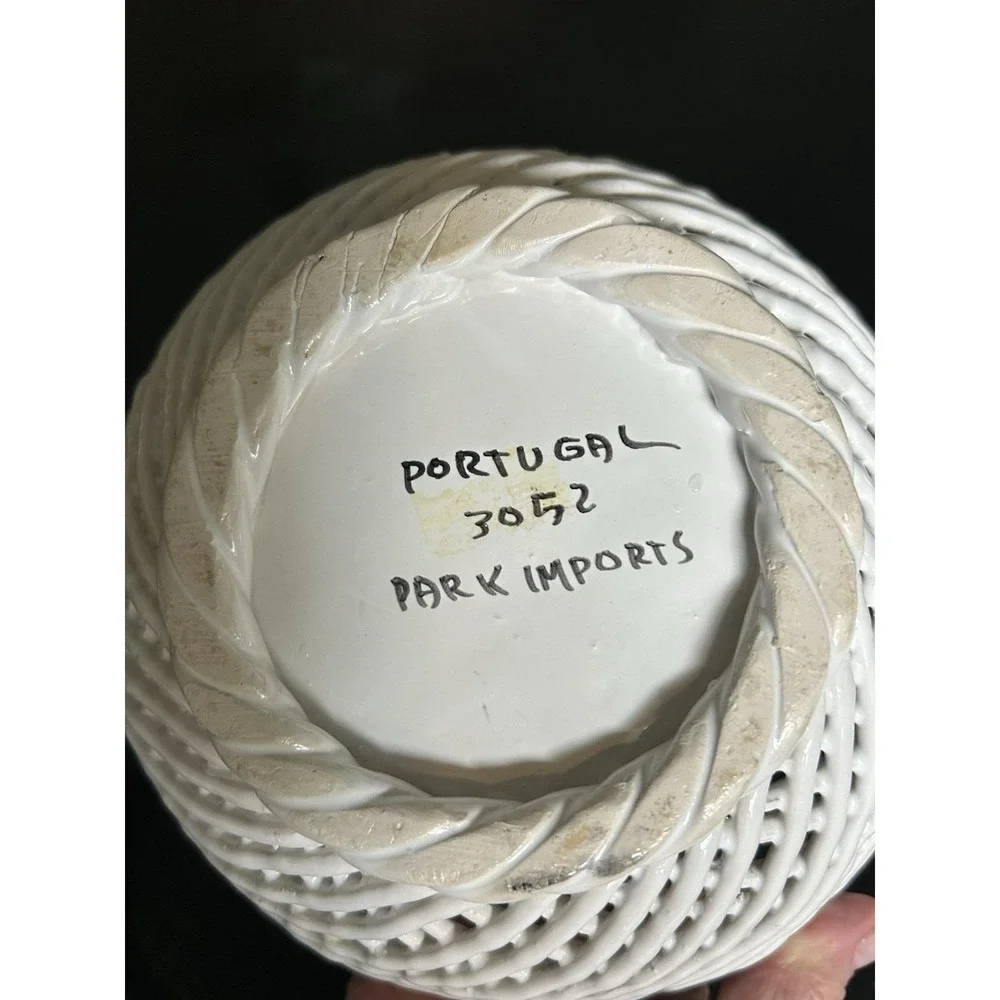 Vintage Portuguese white ceramic lattice basket